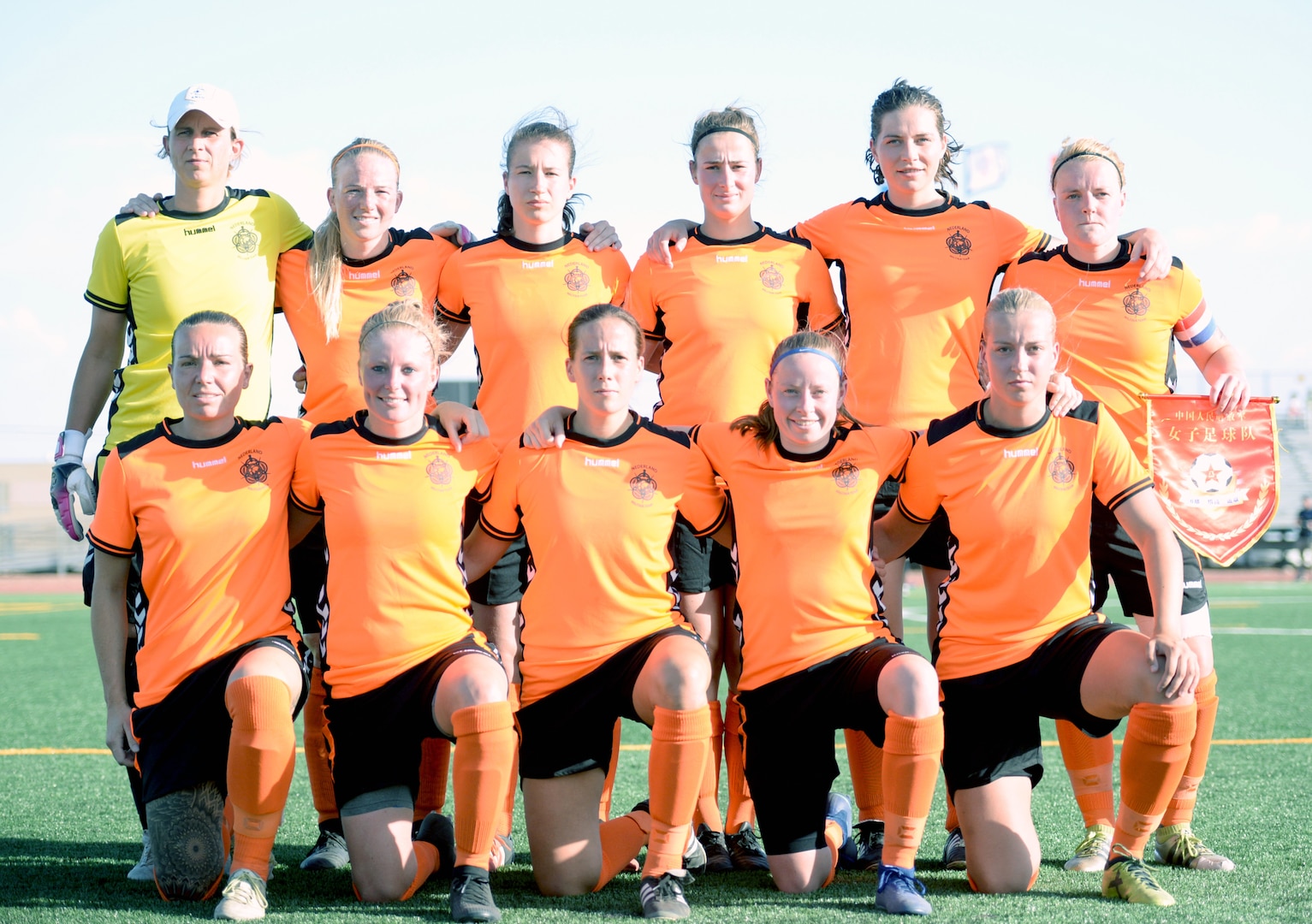 Team China gets ready for their match against the Netherlands as elite military soccer players from  around the world compete for dominance at Fort Bliss' Stout Field June 22- July 3, 2018 to determine the best of the best at the 2018 Conseil International du Sport Militaire (CISM) World Military Women's Foot ball Championship. International military teams squared off to eventually crown the best women soccer players among the internation militaries participating. U.S. Navy photo by Mass Communication Specialist 3rd Class Camille Miller (Released)