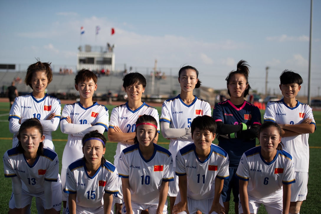 Team China gets ready for their match against the Netherlands as elite military soccer players from  around the world compete for dominance at Fort Bliss' Stout Field June 22- July 3, 2018 to determine the best of the best at the 2018 Conseil International du Sport Militaire (CISM) World Military Women's Foot ball Championship. International military teams squared off to eventually crown the best women soccer players among the internation militaries participating. U.S. Navy photo by Mass Communication Specialist 3rd Class Camille Miller (Released)