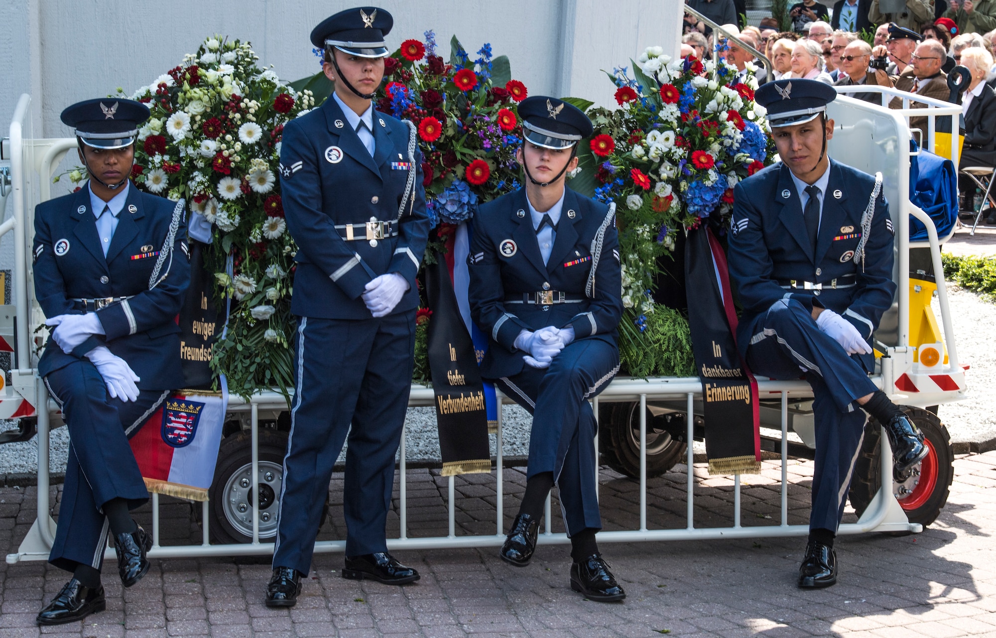 Members of the Ramstein Air Base honor guard during the ceremony for the 70th anniversary of the Berlin Airlift, June 26, 2018, in Frankfurt, Germany. The Berlin Airlift memorial ceremony honored the 70th Anniversary of the beginning of the Berlin Airlift. The event also honored the 101 lives lost from the participating countries. (U.S. Air Force photo by Senior Airman Nick Emerick)