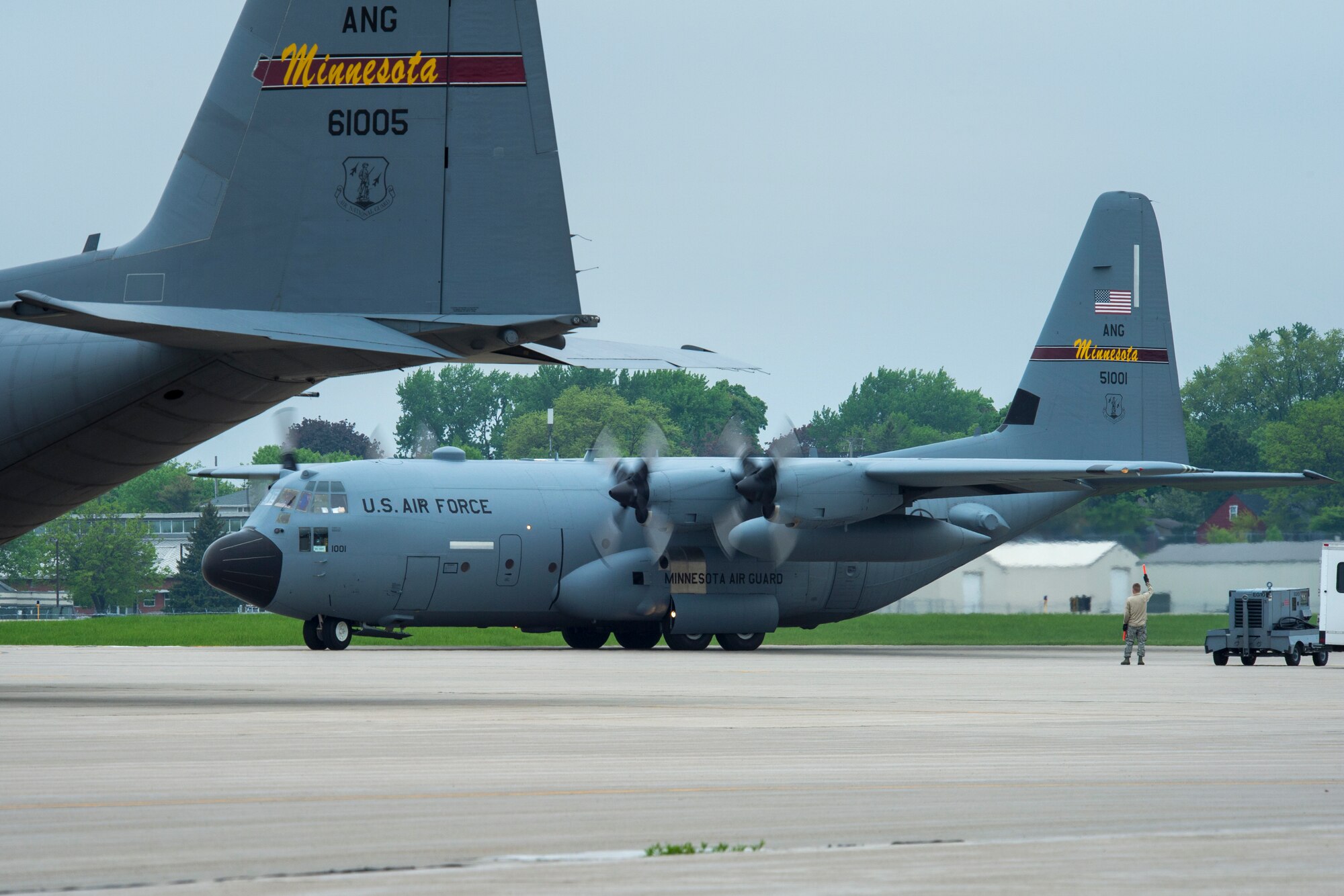 U.S. Air Force Airmen from the 133rd Airlift Wing prepare to take off in a C-130 Hercules in St. Paul, Minn., May 19, 2018.
