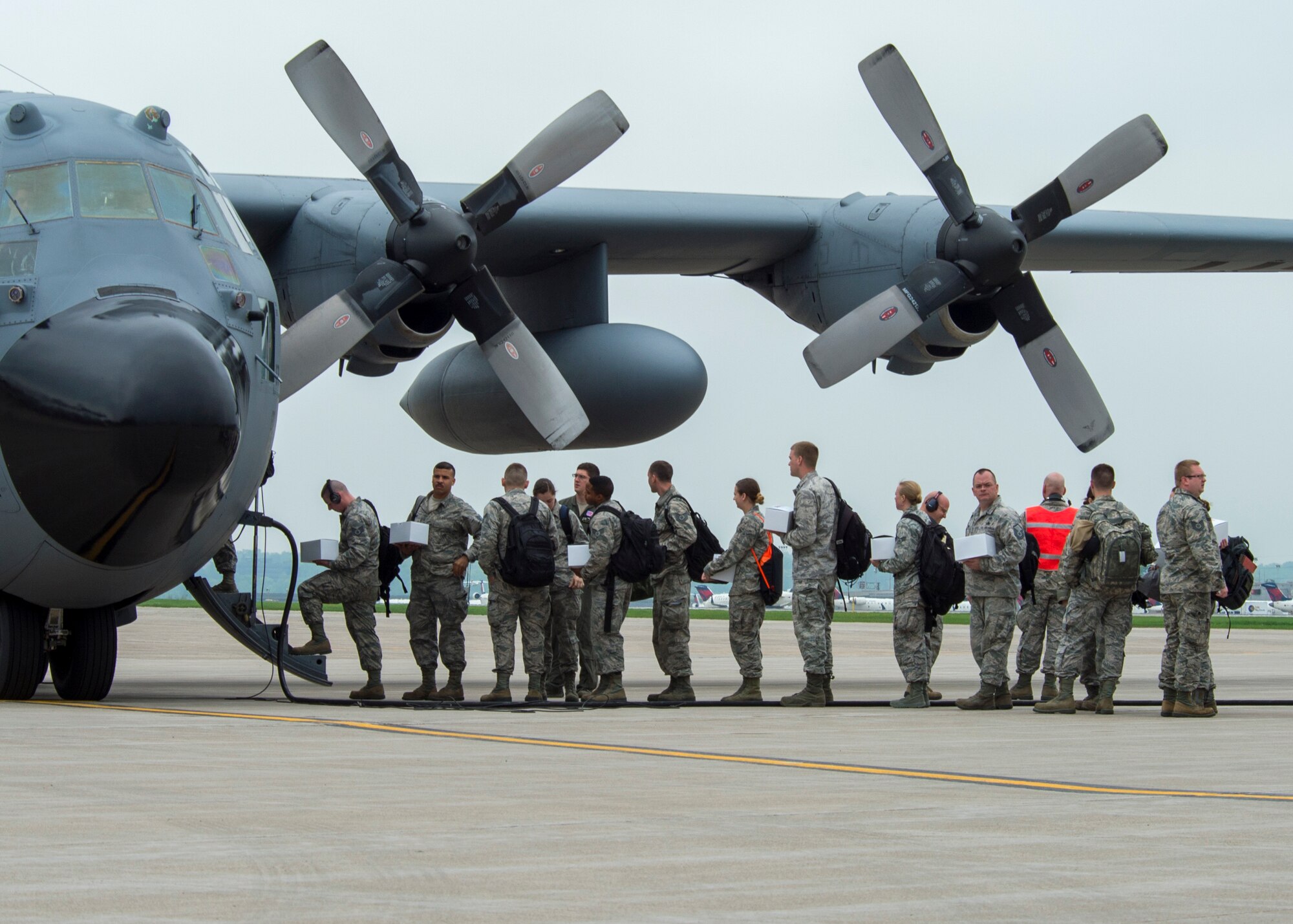 U.S. Air Force Airmen from the 133rd Airlift Wing prepare to take off in a C-130 Hercules in St. Paul, Minn., May 19, 2018.