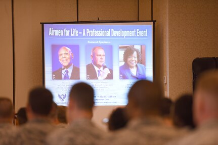 The Air Force Association hosts its first professional development event on Joint Base Charleston, S.C., June 26, 2018. The event, called "Airmen for Life", included a panel of three influential and experience speakers: retired Gen. Larry Spencer, Air Force Association president and former vice chief of staff of the Air Force; retired Chief Master Sgt. of the Air Force James Roy and retired Chief Master Sgt. Jan Adams.