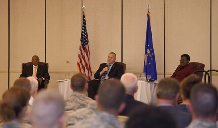 From left to right, retired Gen. Larry Spencer, Air Force Association president and former vice chief of staff of the Air Force, retired Chief Master Sgt. of the Air Force James Roy, and retired Chief Master Sgt. Jan Adams, speak to members of the base during an Air Force Association professional development event on Joint Base Charleston, S.C., June 26, 2018. , the Air Force Association organized “Airmen for Life,” a professional development event designed to bring all Airmen – officer, enlisted and civilian – together to listen to, learn from and speak to three influential panel leaders.