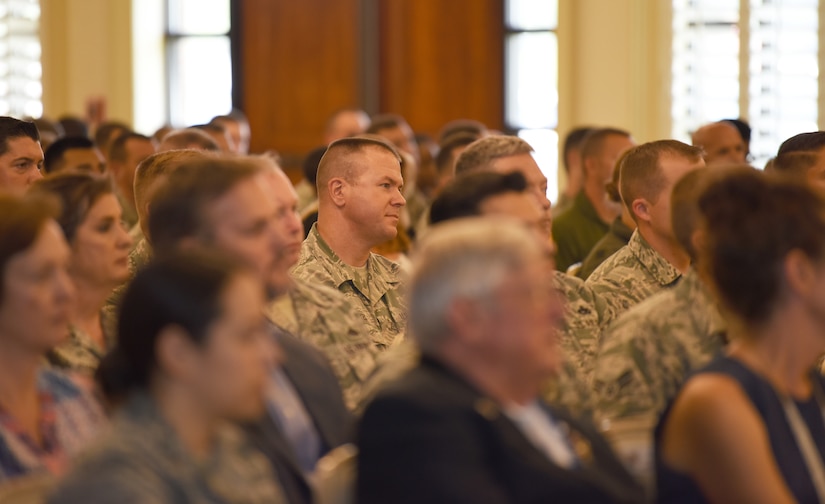 Members of Joint Base Charleston attend the Air Force Association’s first professional development event on Joint Base Charleston, S.C., June 26, 2018. The event, called "Airmen for Life", included a panel of three influential and experience speakers: retired Gen. Larry Spencer, Air Force Association president and former vice chief of staff of the Air Force; retired Chief Master Sgt. of the Air Force James Roy and retired Chief Master Sgt. Jan Adams. (U.S. Air Force photo by Senior Airman Tenley Long)