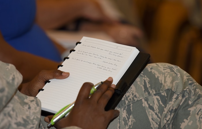 Members of Joint Base Charleston take notes at the Air Force Association’s first professional development event on Joint Base Charleston, S.C., June 26, 2018. The event, called "Airmen for Life", included a panel of three influential and experience speakers: retired Gen. Larry Spencer, Air Force Association president and former vice chief of staff of the Air Force; retired Chief Master Sgt. of the Air Force James Roy and retired Chief Master Sgt. Jan Adams. (U.S. Air Force photo by Senior Airman Tenley Long)