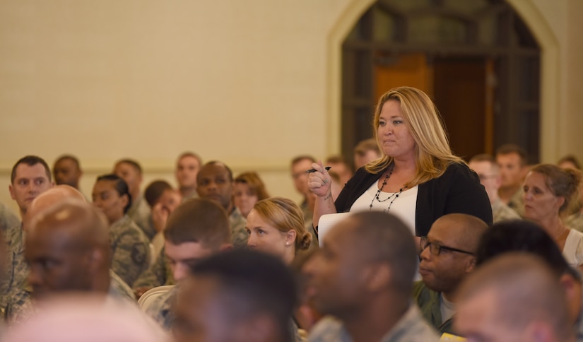 Jordan Blake, 437th Operation Support Squadron security manager, asks a question at the Air Force Association’s first professional development event on Joint Base Charleston, S.C., June 26, 2018. The event, called "Airmen for Life", included a panel of three influential and experience speakers: retired Gen. Larry Spencer, Air Force Association president and former vice chief of staff of the Air Force; retired Chief Master Sgt. of the Air Force James Roy and retired Chief Master Sgt. Jan Adams. (U.S. Air Force photo by Senior Airman Tenley Long)