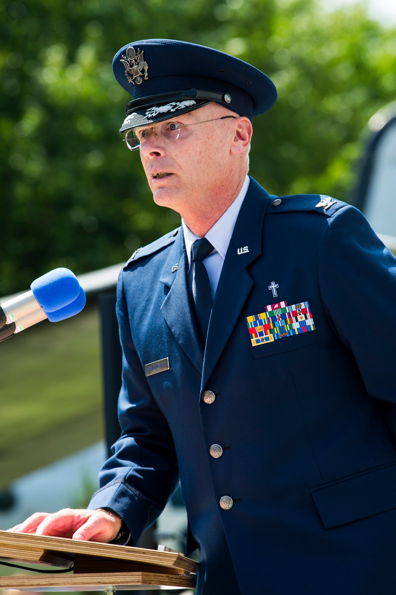 Denise Halvorsen-Williams, left, and Marilyn Halvorsen-Sorenson, daughters of Ret. Col. Gail S. Halvorsen, known as the Candy Bomber, speak with U.S. Air Force Col. Tad D. Clark, 52nd Fighter Wing vice commander, and U.S. Air Force Lt. Col. Shannon Caleb, commander of the 726th Air Mobility Squadron, both from Spangdahlem Air Base, at the Berlin Airlift 70th anniversary commemoration at Frankfurt International Airport, Germany, June 26, 2018. The Candy Bomber played a major role during the historic event by dropping 23 tons of candy to children. (U.S. Air Force photo by Airman 1st Class Valerie Seelye)