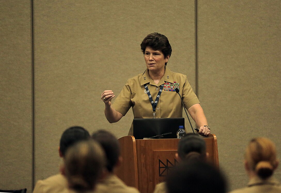 Maj. Gen. Lori Reynolds, commanding general of U.S. Marine Corps Forces Cyberspace Command, gives the opening remarks for the Marine Corps during the service specific day at the 31st Annual Joint Women’s Leadership Symposium at the San Diego Convention Center, June 22, 2018. The symposium brought together women from all of the U.S. services and 20 other countries to discuss topics ranging from women’s health and wellness to professional development and leadership.