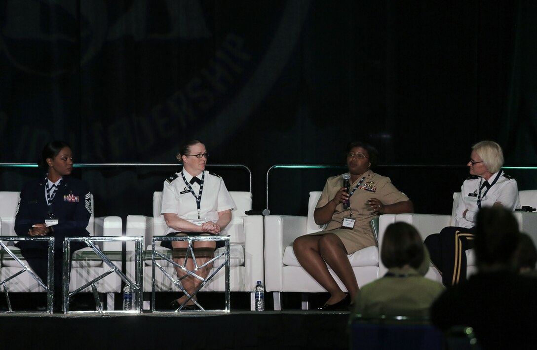 U.S. Navy Commander Elizabeth Reeves, second from right, Preventive Medicine Officer, I Marine Expeditionary Force, answers questions about women’s health and wellness during the 31st Annual Joint Women’s Leadership Symposium at the San Diego Convention Center, June 21, 2018. The symposium brought together women from all of the U.S. services and 20 other countries to discuss topics ranging from women’s health and wellness to professional development and leadership.
