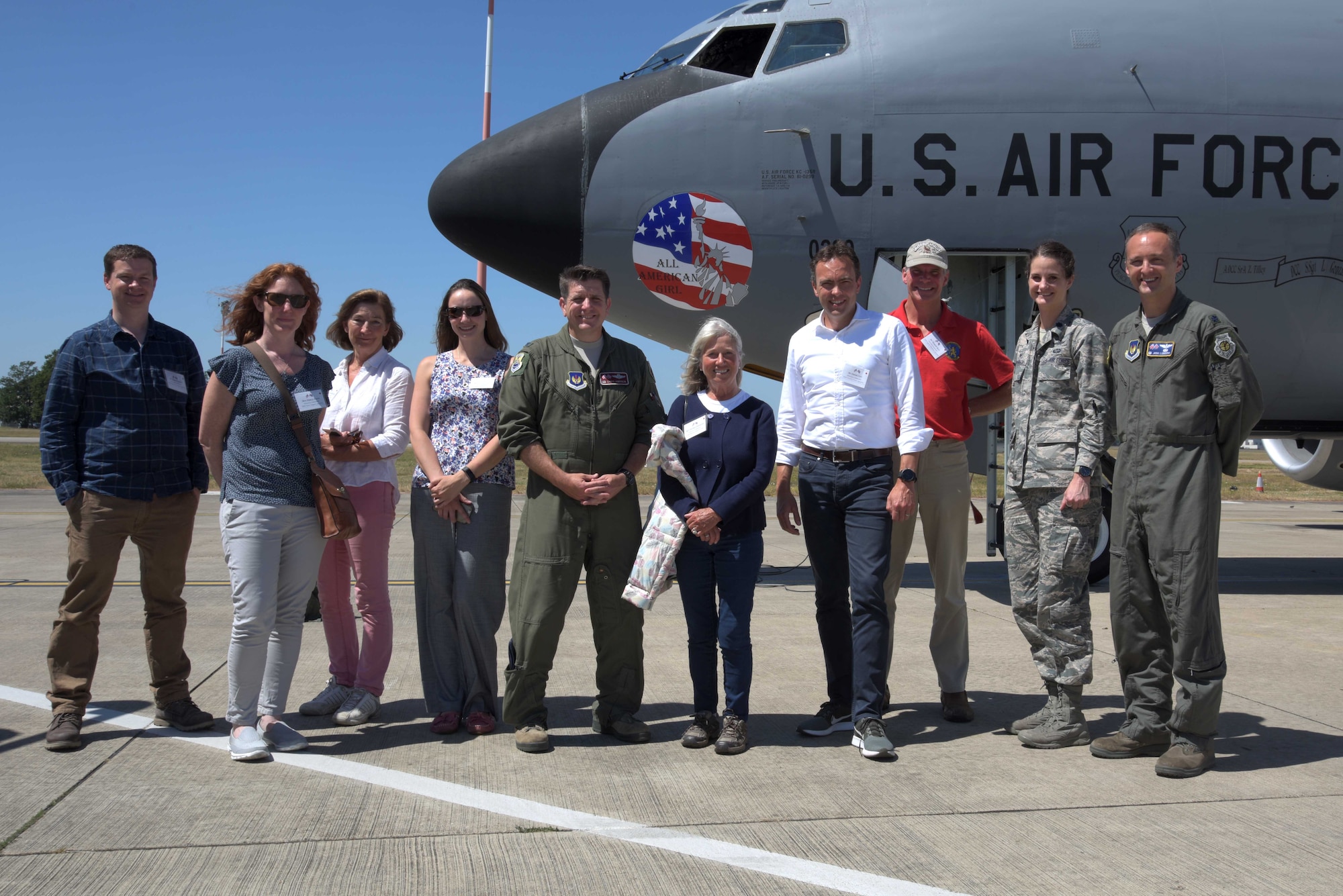 U.S. Air Force commanders from RAF Mildenhall and their honorary commanders pose for a photo in front of a U.S. Air Force KC-135 Stratotanker during Honorary Commanders Day at RAF Mildenhall, England, June 26, 2018. The Honorary Commanders’ program brings together dignitaries and leaders from the local community in an effort to foster community relations for the base, by assisting commanders with networking in the surrounding areas. (U.S. Air Force photo by Airman 1st Class Benjamin Cooper)