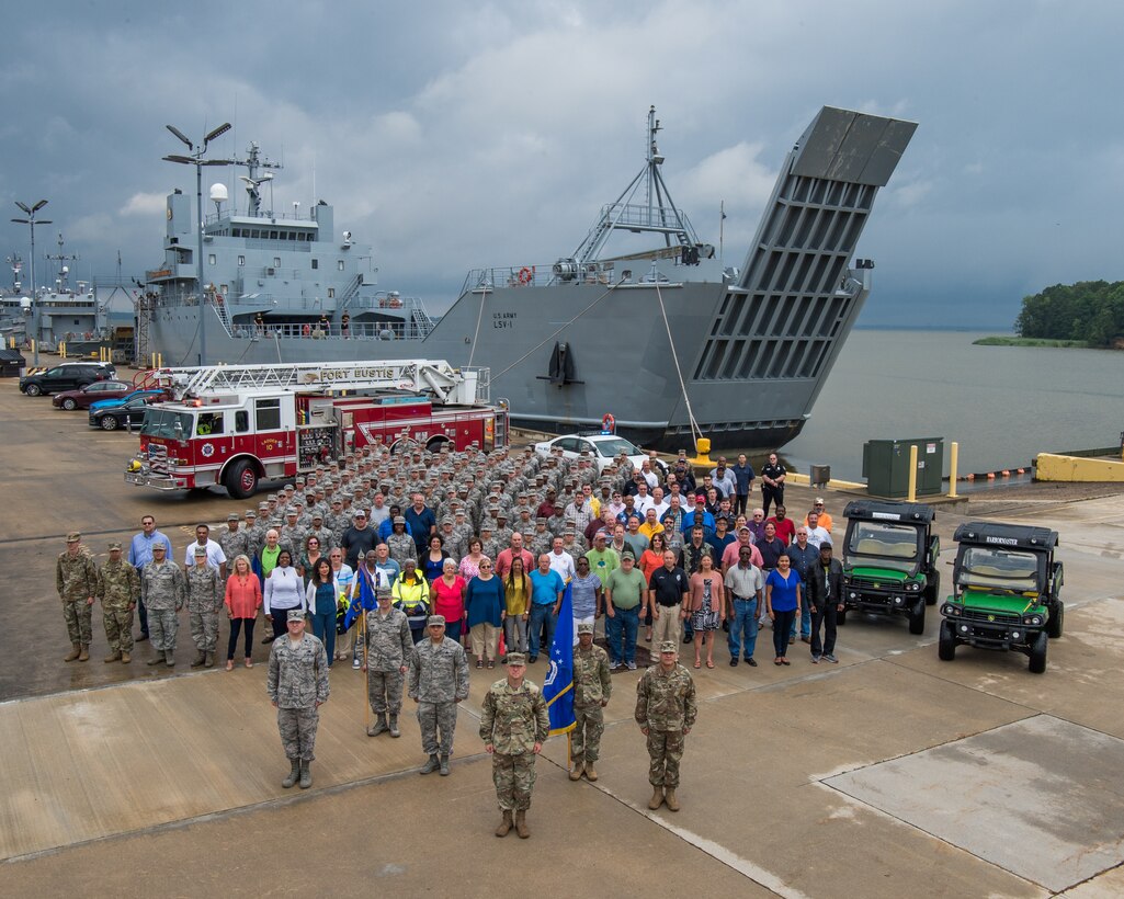 Members of the 733rd Mission Support Group pose for a photo at Fort Eustis’ 3rd Port at Joint Base Langley-Eustis, June 22, 2018