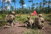 Airmen from the 820th Base Defense Group (BDG) perform an Area Security Operations demonstration, June 25, 2018, at Moody Air Force Base, Ga. Col. Paul Birch, 93d Air Ground Operations Wing (AGOW) commander, toured the BDG to gain a better understanding of their overall mission, duties and comprehensive capabilities. Prior to taking command of the 93d AGOW, Birch was the commander of the 380th Expeditionary Operations Group at Al Dhafra Air Base, United Arab Emirates. (U.S. Air Force photo by Airman 1st Class Eugene Oliver)