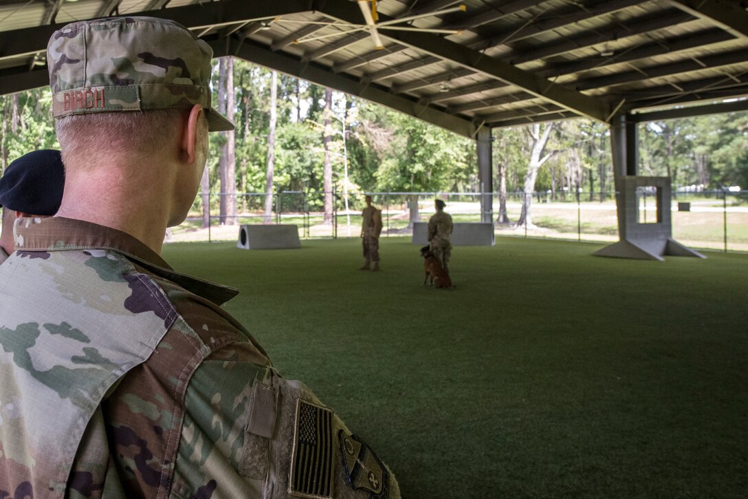 Col. Paul Birch, 93d Air Ground Operations Wing (AGOW) commander, watches a Military Working Dog demonstration, June 25, 2018, at Moody Air Force Base, Ga. Birch toured the 820th Base Defense Group to gain a better understanding of their overall mission, duties and comprehensive capabilities. Prior to taking command of the 93d AGOW, Birch was the commander of the 380th Expeditionary Operations Group at Al Dhafra Air Base, United Arab Emirates. (U.S. Air Force photo by Airman 1st Class Eugene Oliver)