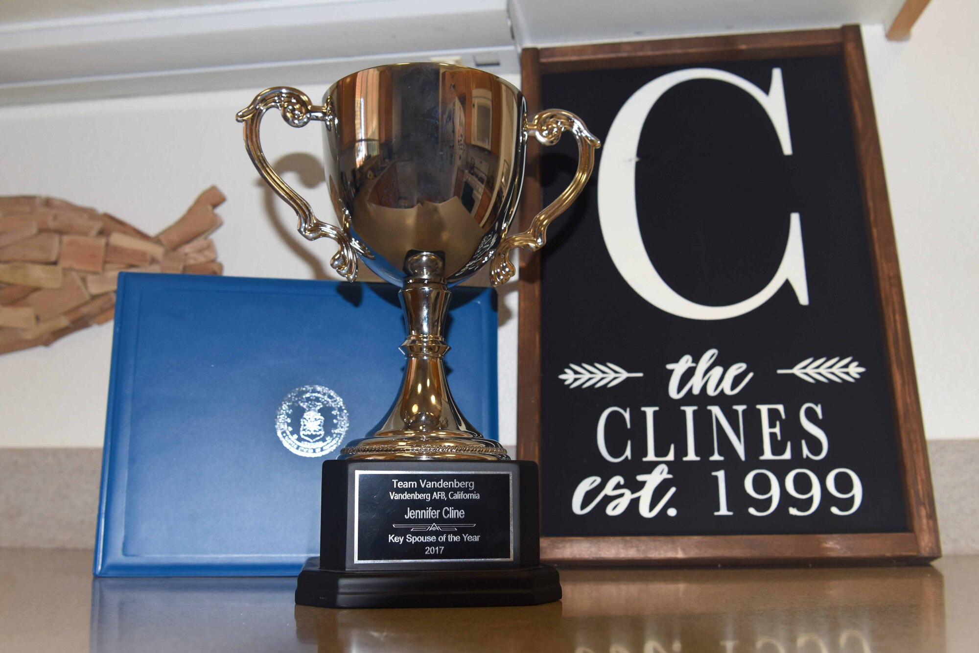 The base recognizes Jennifer Cline at Vandenberg Air Force Base, June 28, 2018. Cline is the lead key spouse of the 30th Security Forces Squadron key spouse’s program and she was awarded for her dedication to the club this past February.  (U.S. Air Force photo by Airman 1st Class Aubree Milks/Released)