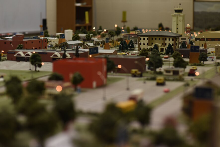 The Norma Brown Air Force Base trainer is demonstrated in the Louis F. Garland Department of Defense Fire Academy on Goodfellow Air Force Base, Texas, June 21, 2018. The tabletop model is 12 feet by 14 feet and has everything from interchangeable buildings to lights and smoke to make the experience for the students as immersive as possible. (U.S. Air Force photo by Airman 1st Class Seraiah Hines/Released)