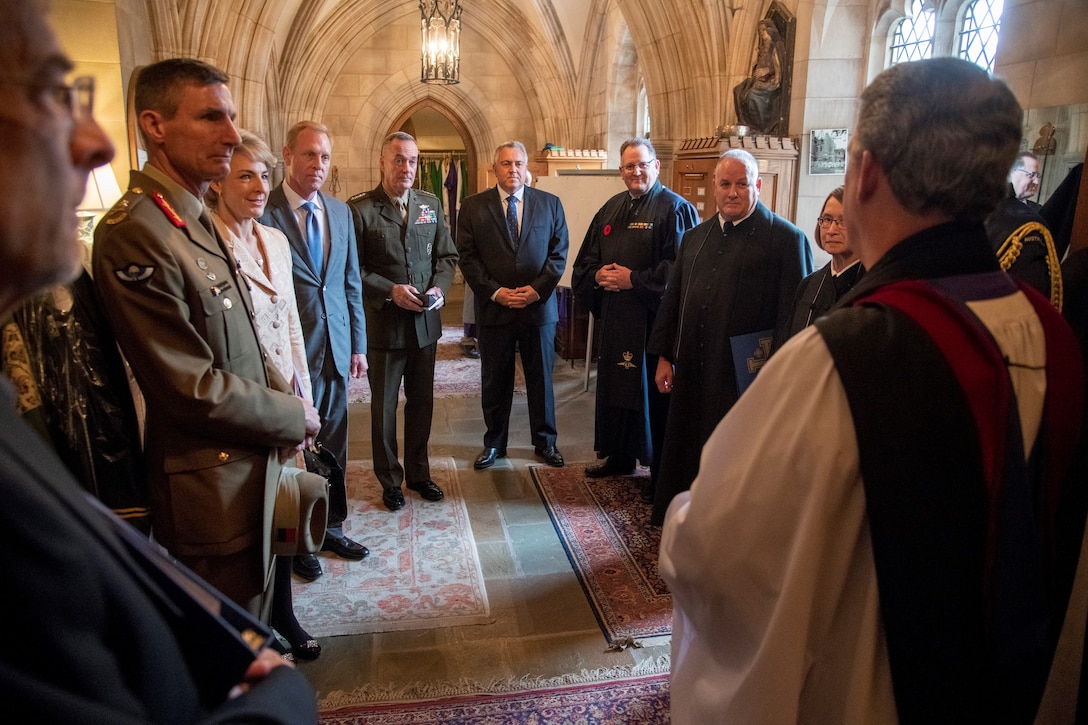 Australian and U.S. officials meet with Washington Cathedral celebrants before the Centenary of Mateship Commemorative Service at the Washington National Cathedral.