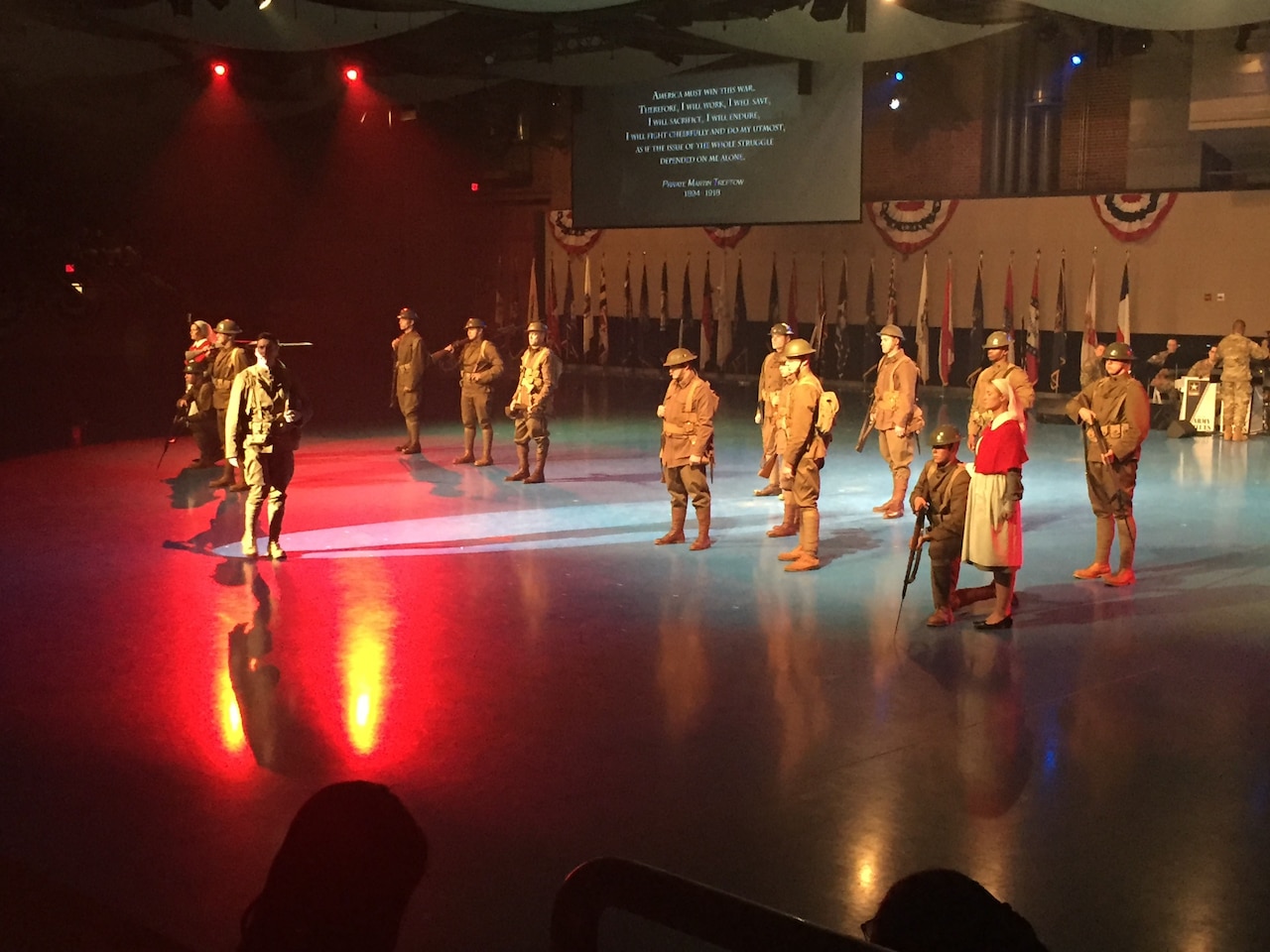 Australian and American soldiers portray World War I personnel during the Mateship Twilight Tattoo at Fort Myer, Va.