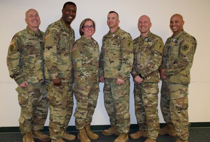 Colorado Army National Guard Mobile Training Team members after being recognized March 16, 2018, at Joint Force Headquarters-Colorado, Centennial, Colorado, for their accomplishments under the U.S. Defense Threat Reduction Agency’s U.S.-Jordan Countering Weapons of Mass Destruction-Building Partner Capacity Program.