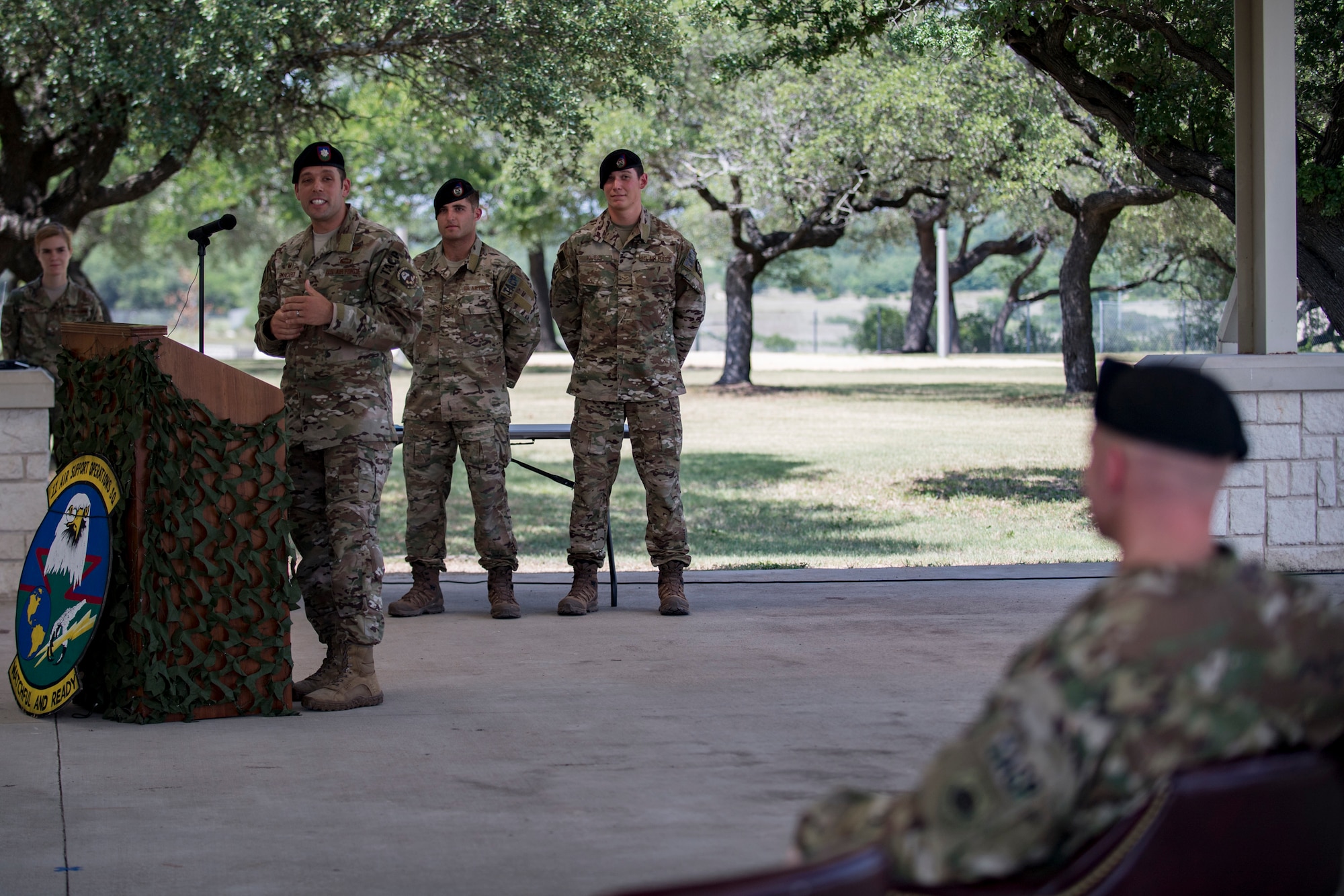 Lt. Col. Frank Biancardi, outgoing 11th Air Support Operations Squadron (ASOS) commander, gives remarks during a squadron inactivation ceremony, June 21, 2018, at Fort Hood, Texas. As a part of the 93d Air Ground Operations Wing from Moody Air Force Base, Ga., the 11th ASOS ‘Steel Eagles’ mission will remain unchanged as they continue to support Ft. Hood and absorb into the 9th ASOS. The enhanced 9th ASOS will continue to provide tactical air support to align with any U.S. Army unit that needs air support for their scheme of maneuver. (U.S. Air Force photo by Senior Airman Daniel Snider)
