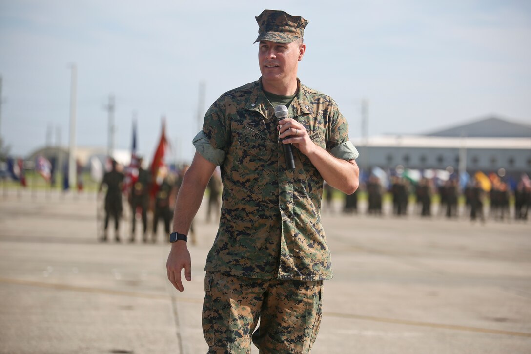 Lt. Col. Adam L. Jeppe, the outgoing commander of Marine Aviation Logistics Squadron 31, addresses the crowd during a change of command ceremony aboard Marine Corps Air Station Beaufort June 25. During the ceremony, Jeppe relinquished command of Marine Aviation Logistics Squadron 31 to Lt. Col. Anthony C. Lyons. After relinquishing command, Jeppe will report to the National War College.