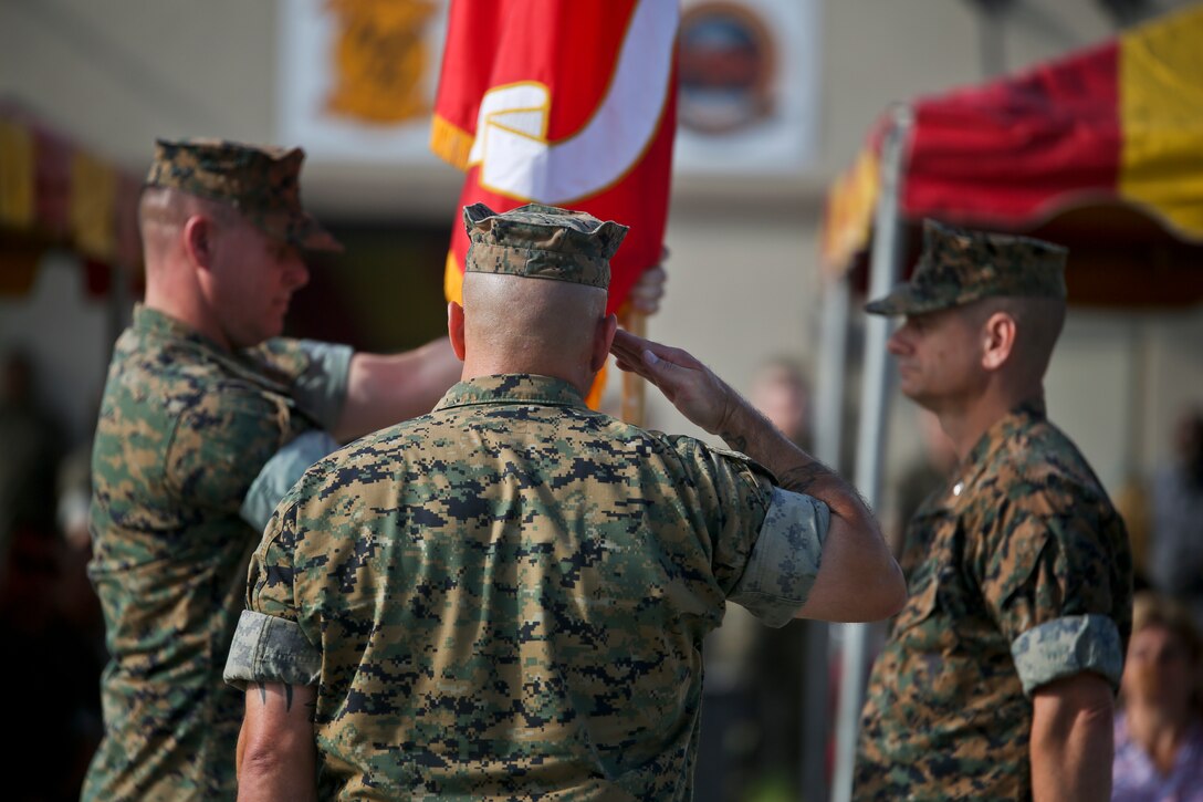 Lt. Col. Adam L. Jeppe relinquishes command of Marine Aviation Logistics Squadron 31 to Lt. Col. Anthony C.
Lyons aboard Marine Corps Air Station Beaufort June 25. After relinquishing command, Jeppe was awarded the
Meritorious Service Medal for his service as the commanding officer of the Stingers.