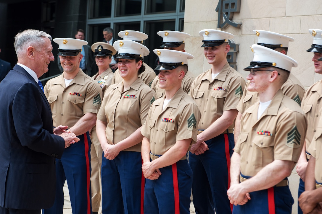 Defense Secretary James N. Mattis speaks with Marines at the U.S. Embassy.