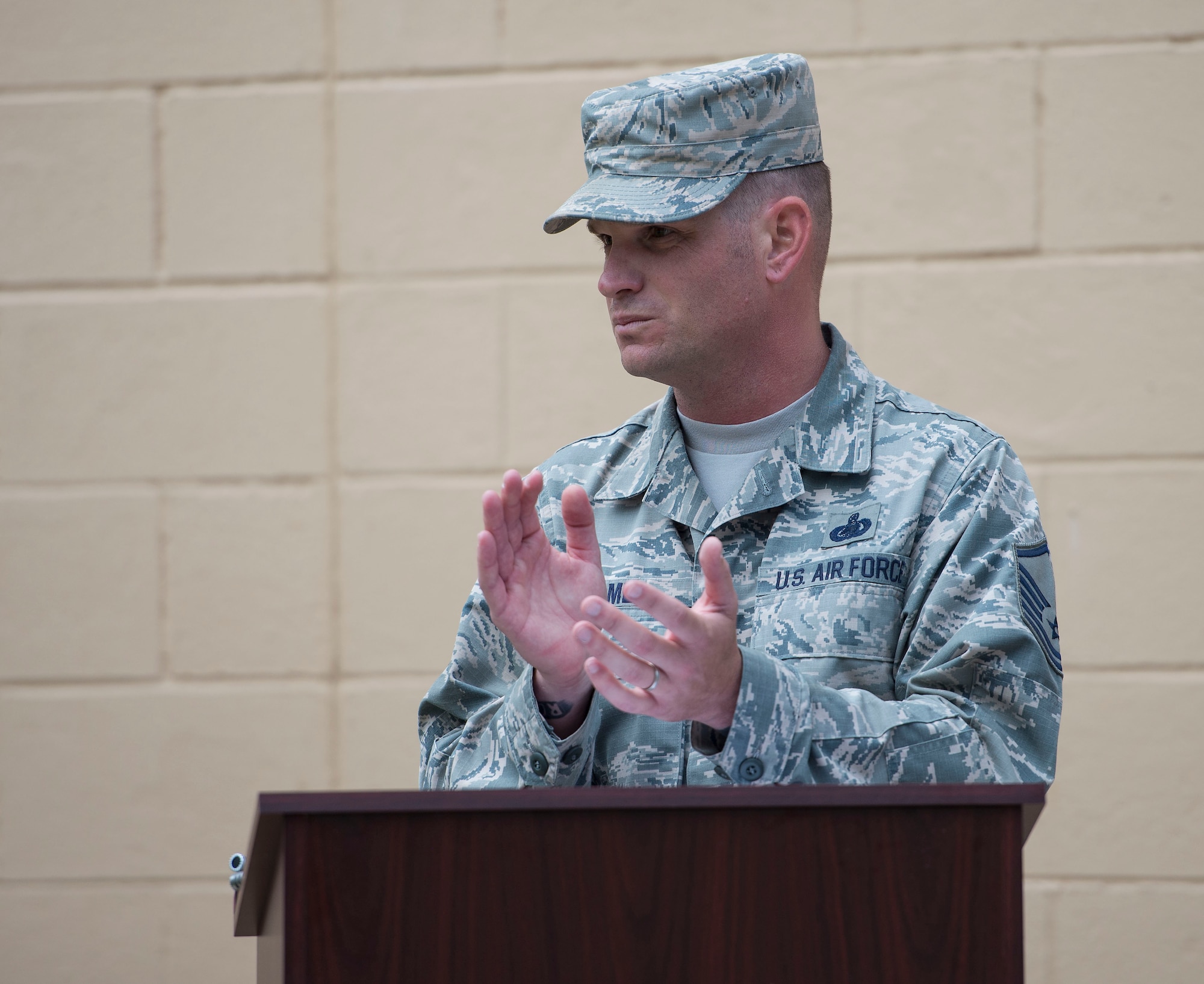 Col. Leslie Maher, 375th Air Mobility Wing commander, gives her remarks during the Rockwell Hall grand opening, June 20, 2018, at Scott Air Force Base, Illinois. The six-month renovation project involved installing new furniture and carpet, as well as repainting the walls. (U.S. Air Force photo by Airman 1st Class Tara Stetler)