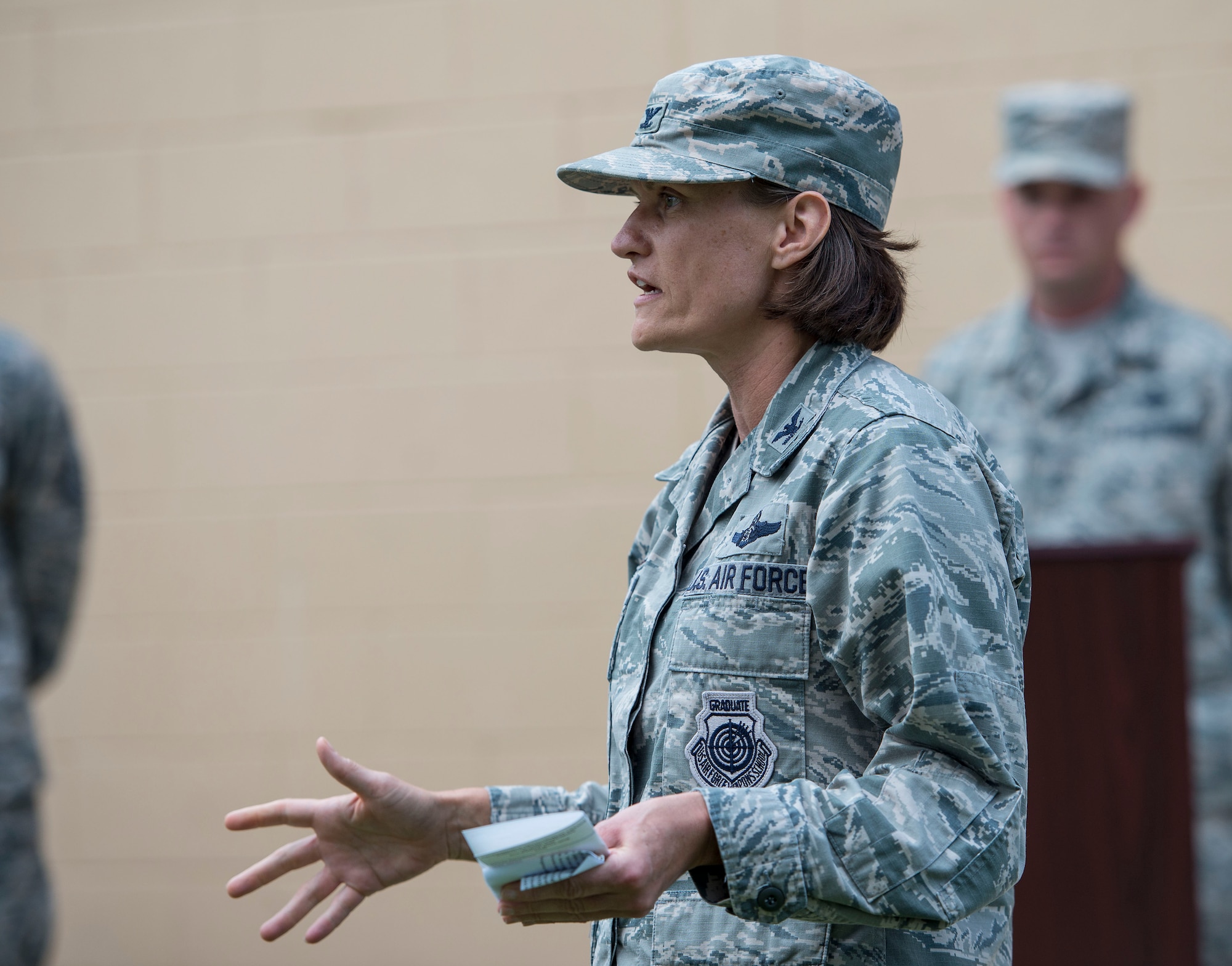 Col. Leslie Maher, 375th Air Mobility Wing commander, gives her remarks during the Rockwell Hall grand opening, June 20, 2018, at Scott Air Force Base, Illinois. The six-month renovation project involved installing new furniture and carpet, as well as repainting the walls. (U.S. Air Force photo by Airman 1st Class Tara Stetler)