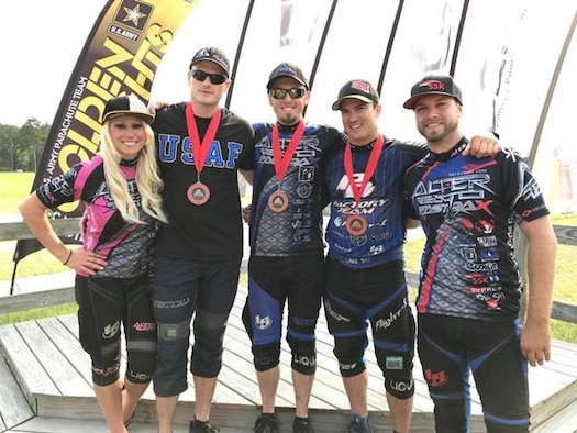 Maj. Matthew Shull (second from left), 6th Space Operations Squadron, stands on the podium at the Florida Canopy Piloting Association's fifth meet with the other four top finalists in June, 2018.