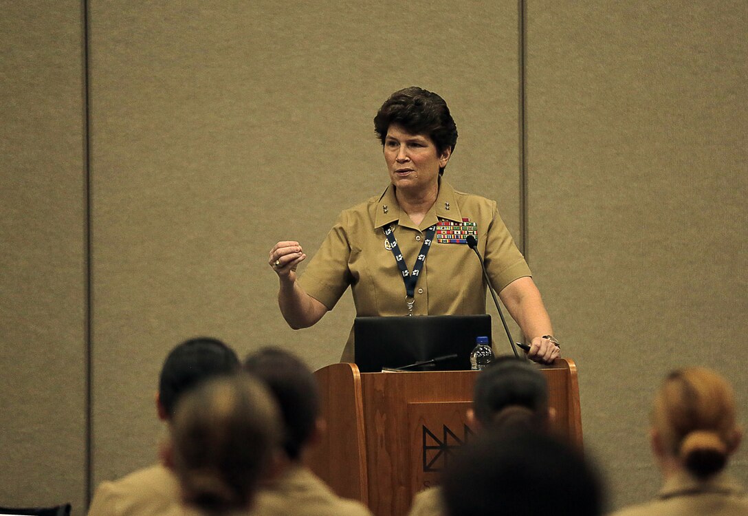 Maj. Gen. Lori Reynolds, commanding general of U.S. Marine Corps Forces Cyberspace Command, gives the opening remarks for the Marine Corps during the service specific day at the 31st Annual Joint Women’s Leadership Symposium at the San Diego Convention Center, June 22, 2018. The symposium brought together women from all of the U.S. services and 20 other countries to discuss topics ranging from women’s health and wellness to professional development and leadership. (U.S. Marine Corps photo by Sgt. Asia J. Sorenson)