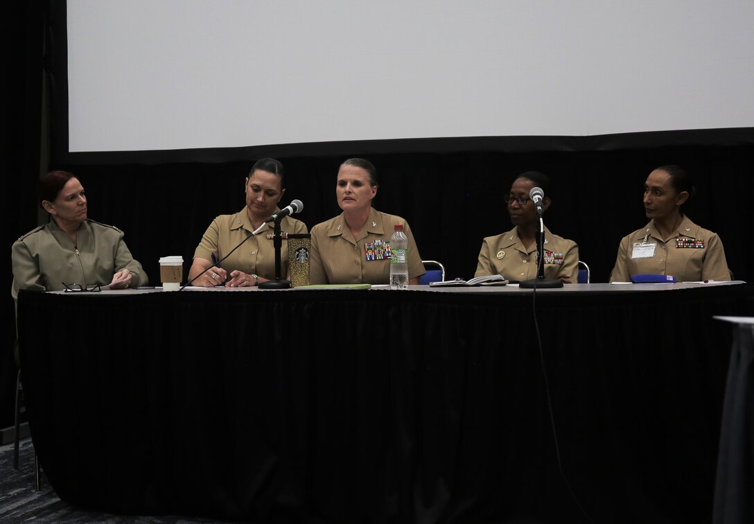 Col. Dawn Alonso, center, commanding officer of I Marine Expeditionary Force Information Group, I MEF, answers questions from fellow officers during the senior officer panel at the 31st Annual Joint Women’s Leadership Symposium at the San Diego Convention Center, June 22, 2018. The symposium brought together women from all of the U.S. services and 20 other countries to discuss topics ranging from women’s health and wellness to professional development and leadership. (U.S. Marine Corps photo by Sgt. Asia J. Sorenson)