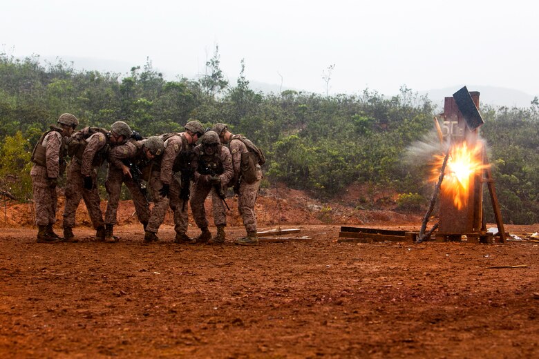 U.S. Marines Corps Combat Engineers with Marine Rotational Force Darwin, detonate a water charge during a breach at Plum, New Caledonia, May 16, 2018. As a Combat Engineer, performing a breach is an objective that can be tasked if necessary Their capabilities are both constructive, e.g., building bunkers, providing utilities and destructive, e.g., demolition and breaching support capabilities to the battlefield. This unique combination of capabilities provides knowledge, experience and skills to commanders at the operational and tactical levels with which they can, according to Marine Corps Warfighting Publication 3-34, reduce friction, facilitate maneuver and improve the morale of friendly forces or create friction and disorder for the enemy.