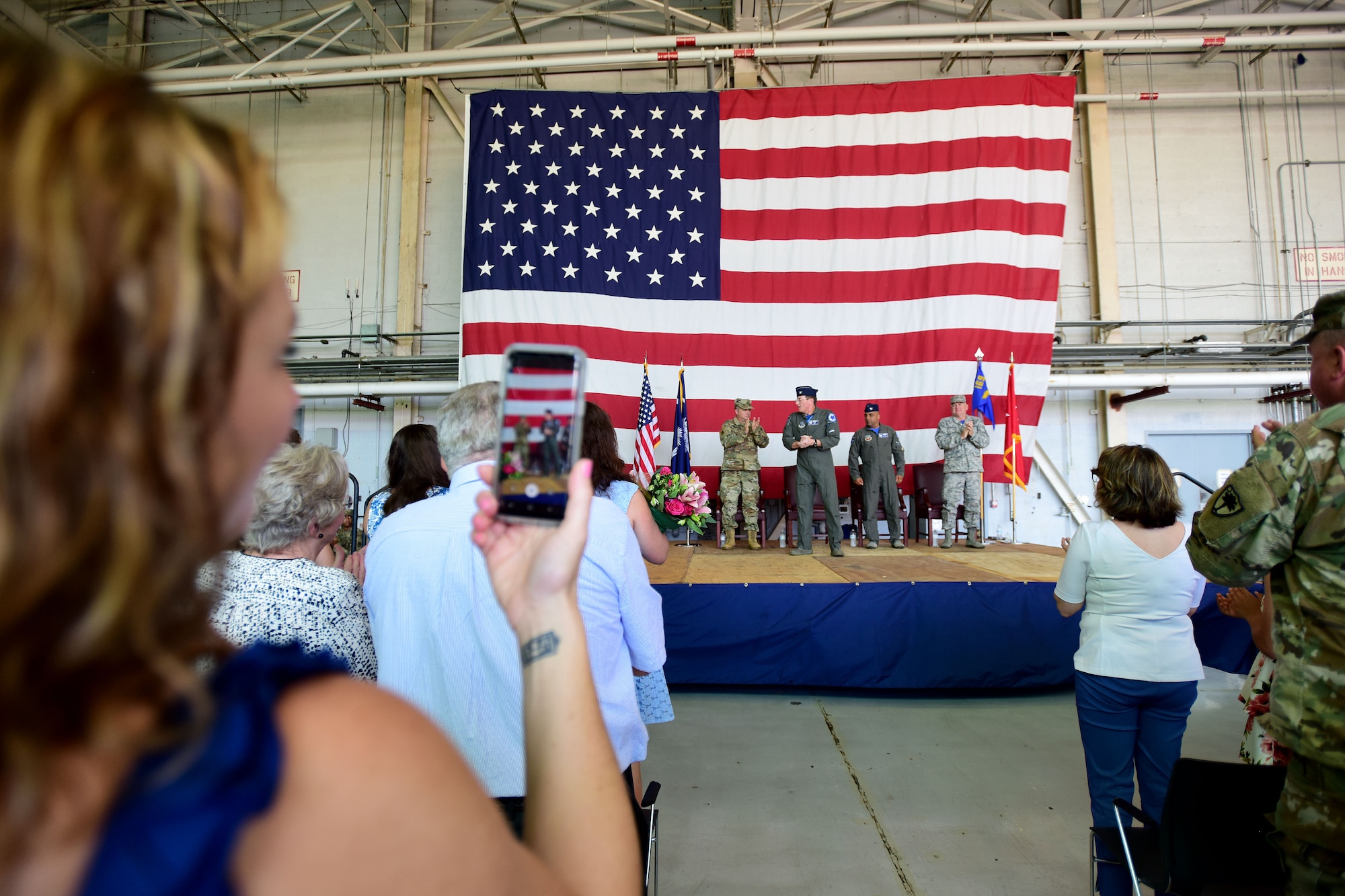 U.S. Airmen of the 169th Fighter Wing and the South Carolina Air National Guard, assemble for a change of command ceremony at McEntire Joint National Guard Base, S.C., June 23, 2018. Col. Nicholas Gentile Jr. relinquishes command of the 169th Fighter Wing to Col. Akshai Gandhi. (U.S. Air National Guard photo by Senior Airman Megan R. Floyd)