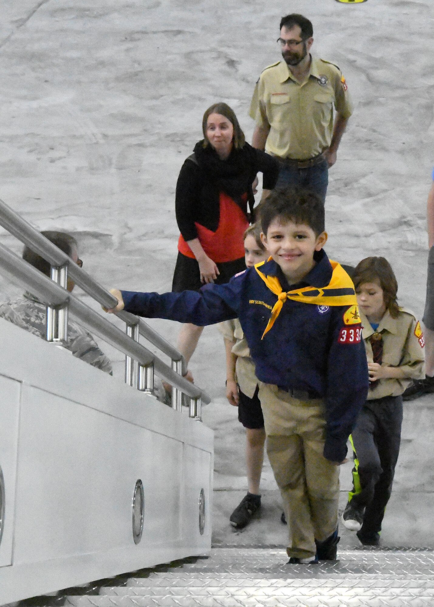 A Boy Scout from Lafayette, Indiana Troop 3339 climbs aboard a KC-135R Stratotanker June 27, 2018 at Grissom Air Reserve Base, Indiana. During a tour of the base, the Scouts got an inside look at Grissom’s mission and the aircraft. (U.S. Air Force photo/Senior Airman Cali Elliott)