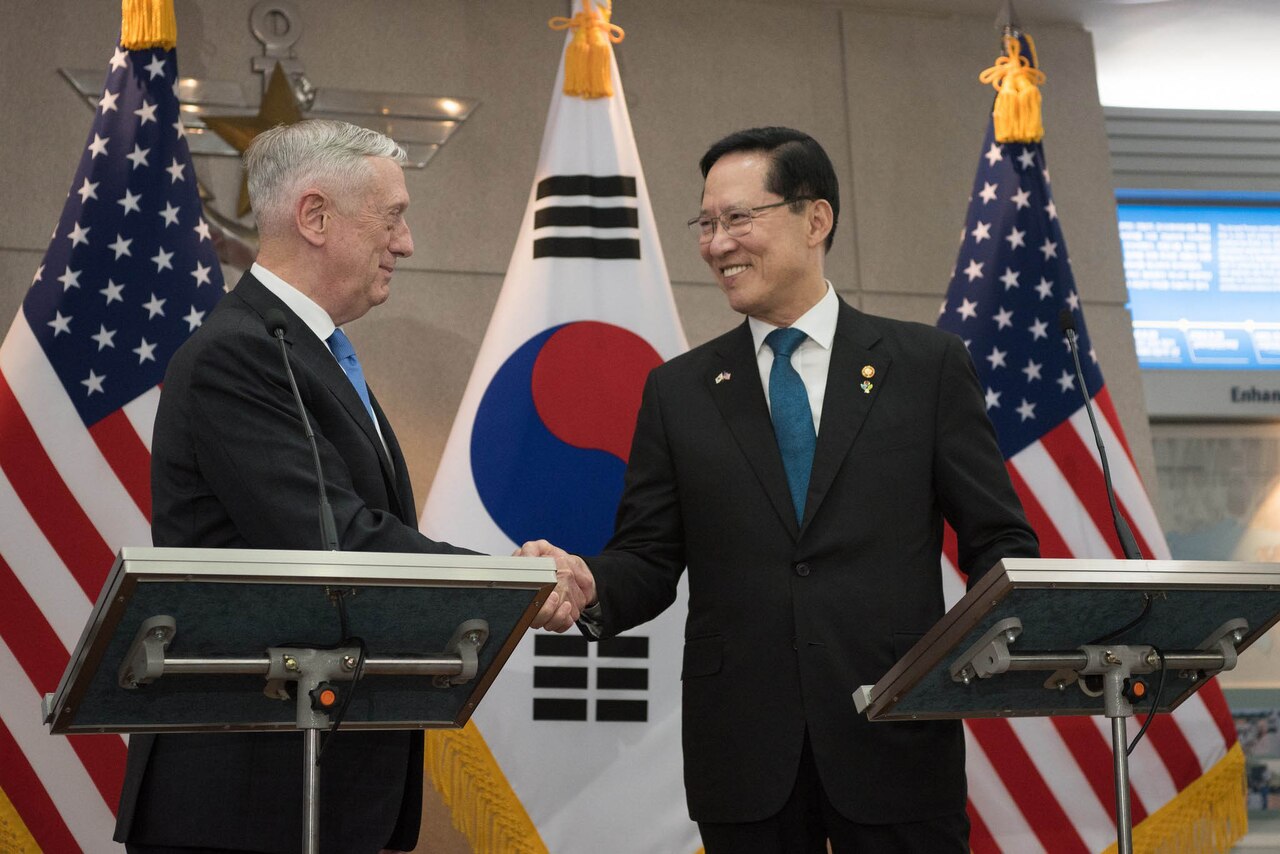 Defense Secretary James N. Mattis meets with South Korean Defense Minister Song Young-moo at the Defense Ministry in Seoul, South Korea.