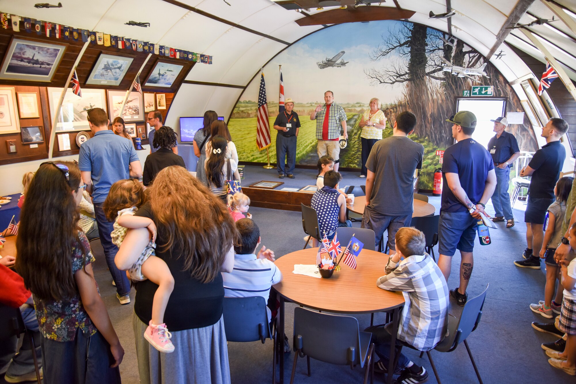 Robert Mackey, 100th Air Refueling Wing Historian welcomes Airmen from the 100th Air Refueling Wing Wing Staff Agency to 100th Bomb Group Memorial Museum at Diss, England, June 26, 2018. Airmen from the base spent the day learning about the military heritage history while visiting the 100th BG Memorial Museum and the Norfolk and Suffolk Aviation Museum.  (U.S. Air Force photo by Senior Airman Christine Groening)