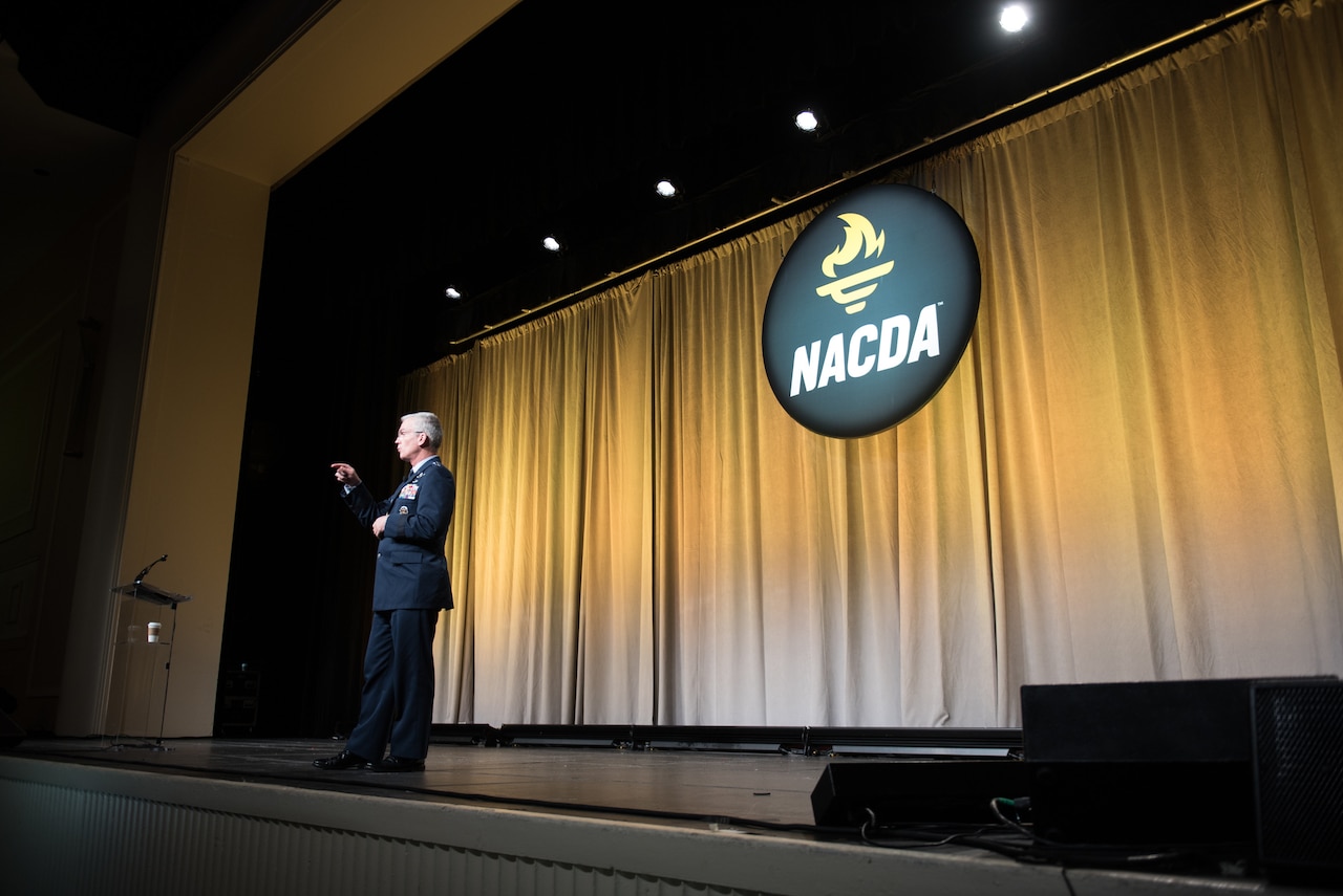 Air Force Gen. Paul J. Selva, vice chairman of the Joint Chiefs of Staff, speaks during the National Association of Collegiate Directors of Athletics and Affiliates 53rd annual convention in National Harbor, Maryland.