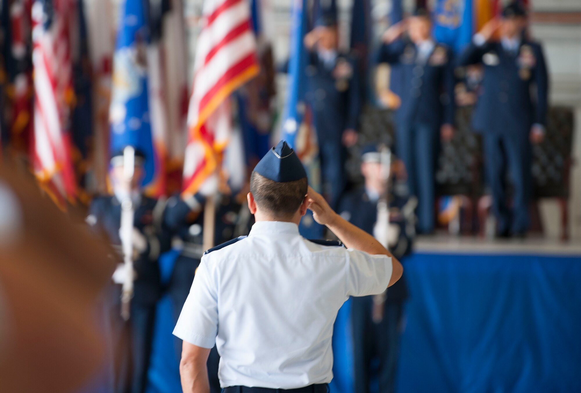 U.S. Air Force Col. Troy Pananon, 6th Air Mobility Wing (AMW) vice commander, renders a salute during the National Anthem at the 6th AMW change of command ceremony, June 29, 2018 at MacDill Air Force Base, Fla.