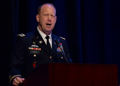 U.S. Army Col. Ralph L. Clayton, 733rd Mission Support Group outgoing commander, speaks during the 733rd MSG change of command ceremony at Joint Base Langley-Eustis, Va., June 29, 2018.
