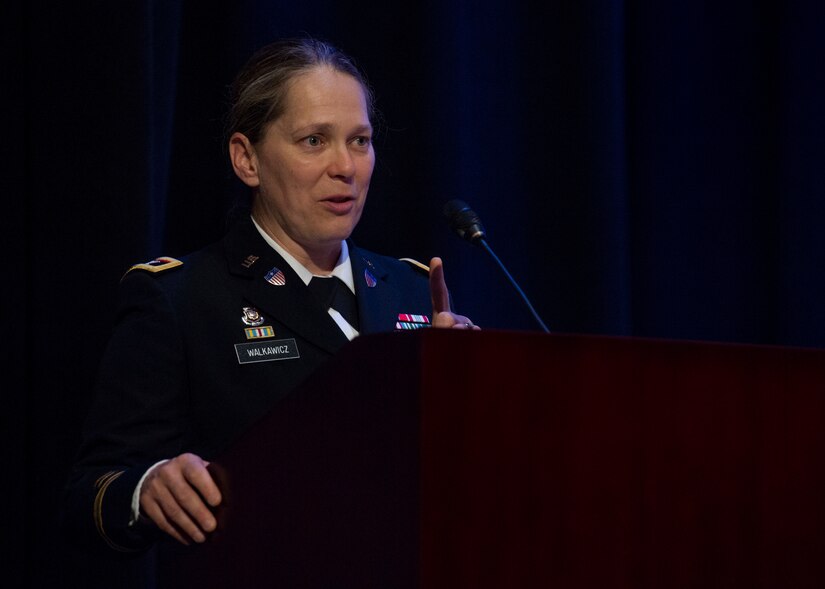 U.S. Army Col. Jennifer S. Walkawicz, 733rd Mission Support Group incoming commander, speaks during the 733rd MSG change of command ceremony at Joint Base Langley-Eustis, Va., June 29, 2018