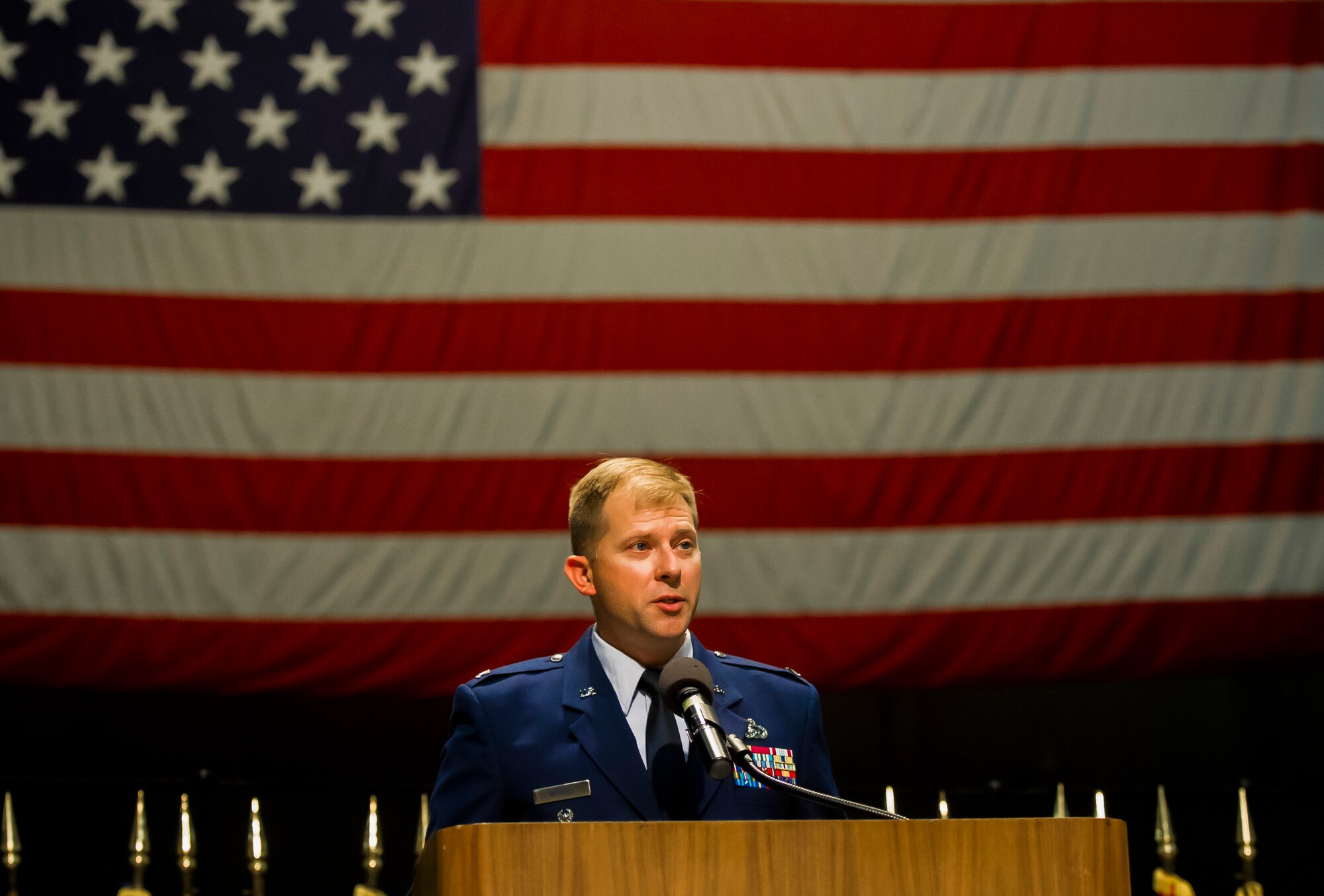 Col. Parker H. Wright speaks after taking command of the National Air and Space Intelligence Center June 28, 2018 at the U.S. Air Force Museum in Dayton, Ohio. Wright, who was recently the commander of the Joint Intelligence Operations Center Europe Analytic Center at Royal Air Force Molesworth, U.K, previous commander of the 659th Intelligence, Surveillance and Reconnaissance Group at Ft. Meade, Md., as well as a previous NASIC squadron commander here, mentioned how much he valued NASIC products as a customer at both the operational and strategic spaces around the world. (U.S. Air Force photo/Senior Airman Jonathan Stefanko)