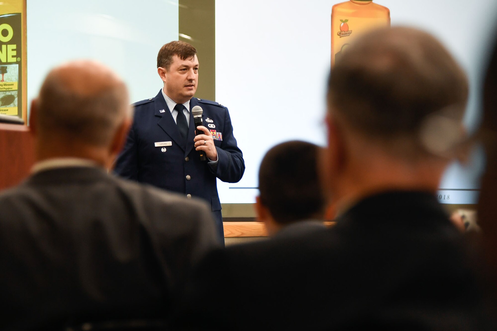 Col. Al LaPuma speaks to attendees during his retirement ceremony at Hanscom Air Force Base, Mass., June 28.