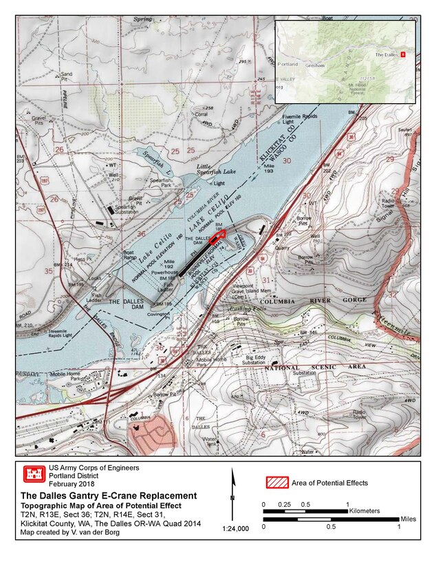 Vicinity Map: The Dalles Gantry E-Crane Replacement
Topographic Map of Area of Potential Effect
T2N, R13E, Sect 36; T2N, R14E, Sect 31,
Klickitat County, WA, The Dalles OR-WA Quad 2014