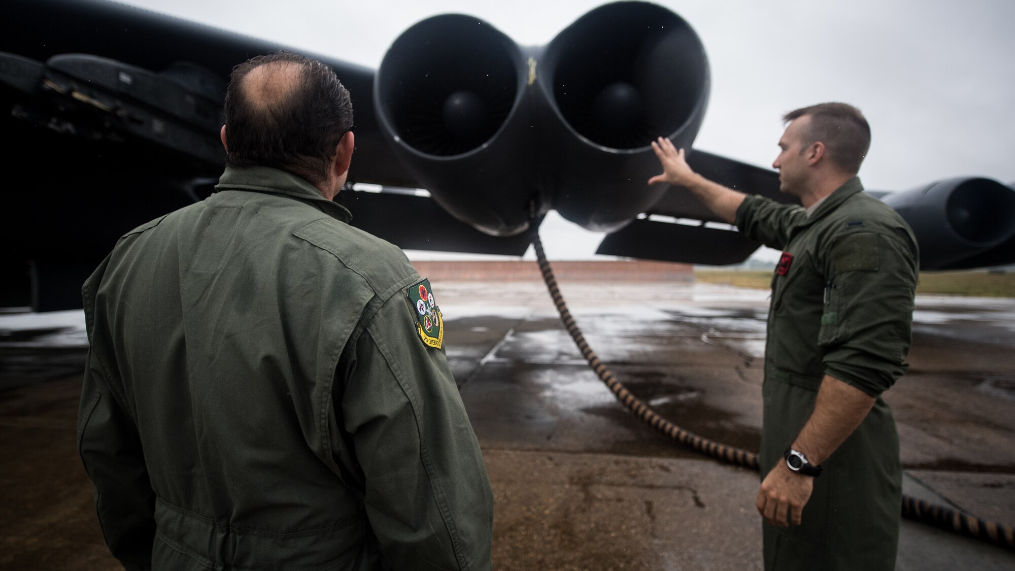 Mike McSwain, 2nd Operations Group honorary commander, is briefed by aircrew before an honorary commander’s unit orientation flight at Barksdale Air Force Base, La., June 20, 2018. McSwain toured the B-52 Stratofortress familiarizing himself with different parts of the aircraft and its purposes.