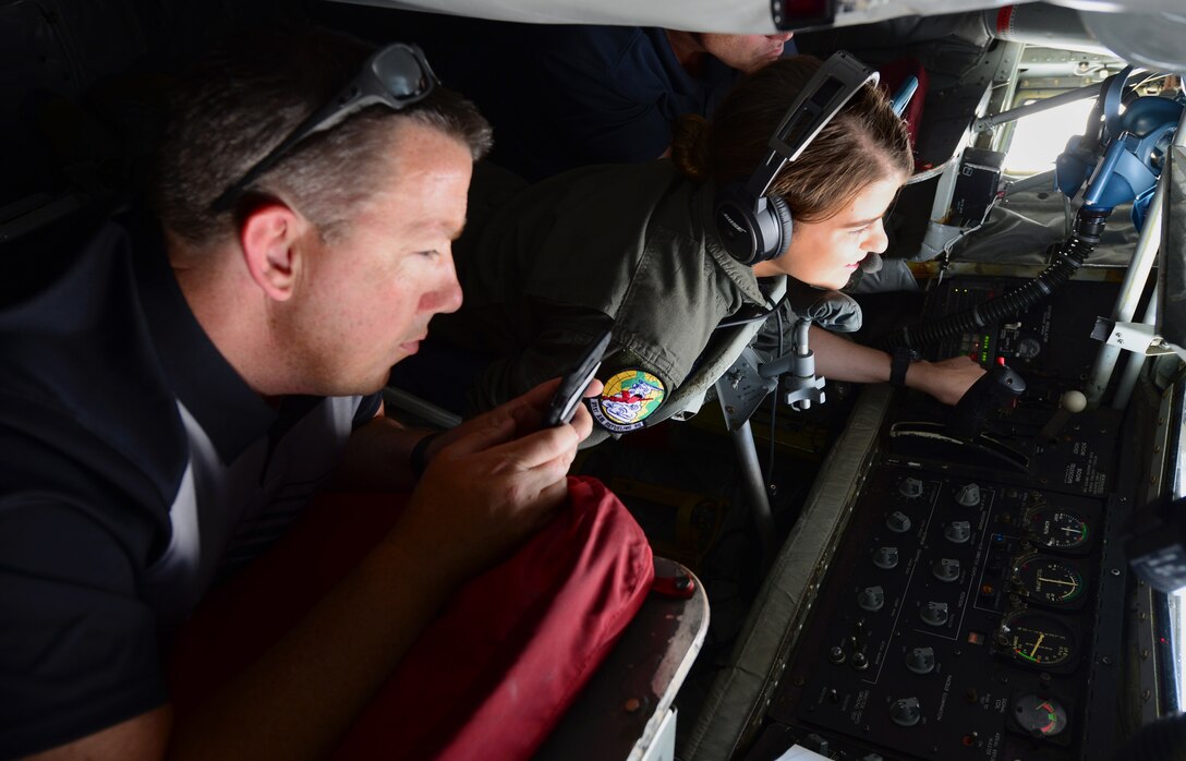 Airman Basic Sarah Cason, a KC-135 boom operator assigned to the 91st Air Refueling Squadron, MacDill Air Force Base, Florida, focuses on the B-52 Stratofortress she’s refueling June 27, 2018.