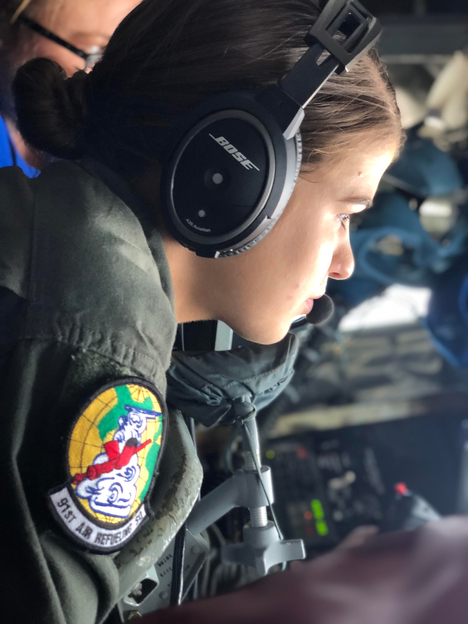 Airman Basic Sarah Cason, a KC-135 boom operator assigned to the 91st Air Refueling Squadron, MacDill Air Force Base, Florida, focuses on the B-52 Stratofortress she’s refueling June 27, 2018.