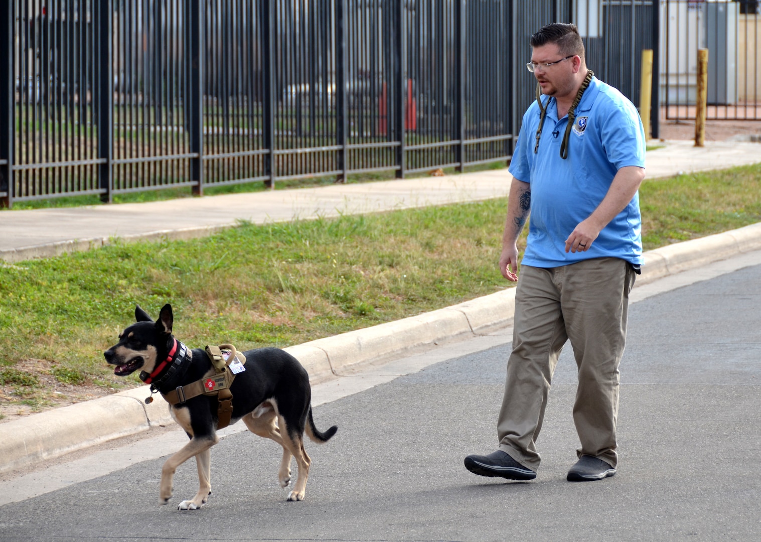 Ryan Kaono, a support agreement manager with the Air Force Installation and Mission Support Center, takes his service dog Romeo for a walk around the building. Romeo helps Kaono quickly recover from bouts of anxiety and night terrors related to enemy attacks while he was deployed to Saudi Arabia and Iraq.