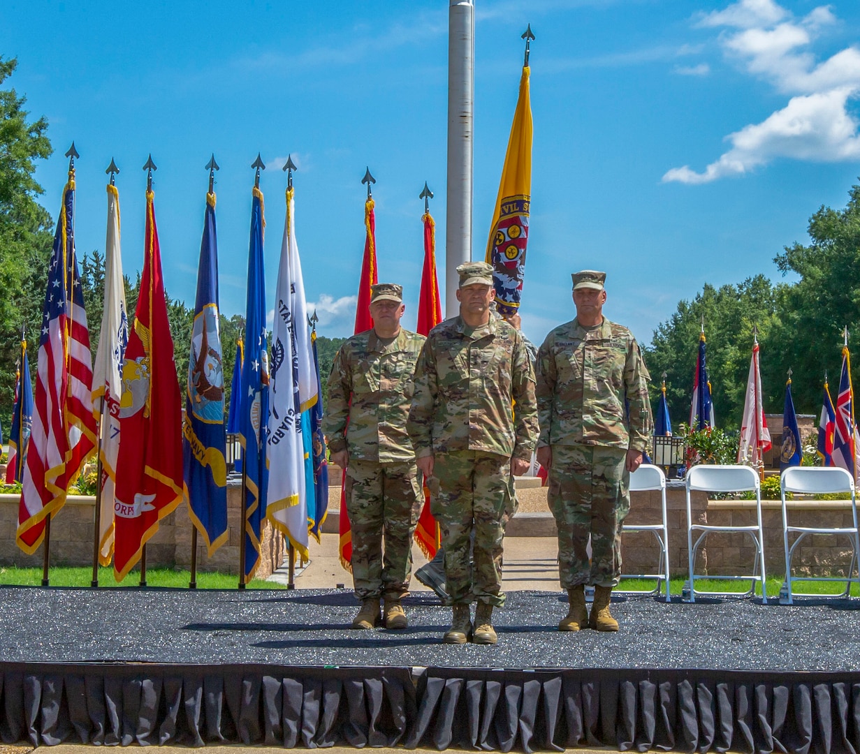 Lt. Gen. Jeffrey Buchanan (center), Maj. Gen. William Hall (left) and Maj. Gen. Richard Gallant (right) participate in the Joint Task Force Civil Support (JTF-CS) Change of Command ceremony on June 29 at Seay Plaza on Fort Eustis. During the ceremony, Hall assumed command of JTF-CS from Gallant and became the tenth commander of JTF-CS. JTF-CS provides command and control for designated Department of Defense specialized response forces to assist local, state, federal and tribal partners in saving lives, preventing further injury and providing critical support to enable community recovery. (Official DoD photo by Mass Communication Specialist 3rd Class Michael Redd/released)