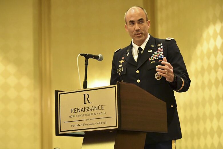 Col. Sebastien P. Joly delivers his acceptance as he assumes command of the U.S. Army Corps Engineers Mobile District, during a change of command ceremony, June 29, 2018 at the Renaissance Riverview Hotel in Mobile, Al. Joly becomes the 53rd commander of the Mobile District.