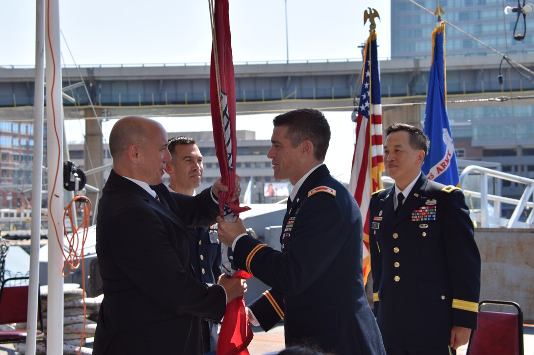 Lt. Col. Jason Toth assumes command of the U.S. Army Corps of Engineers, Buffalo District from outgoing commander Lt. Col. Adam Czekanski June 29, 2018. The formal change of command ceremony takes place aboard the USS Little Rock located at the Buffalo and Erie County Naval and Military Park in Buffalo NY.